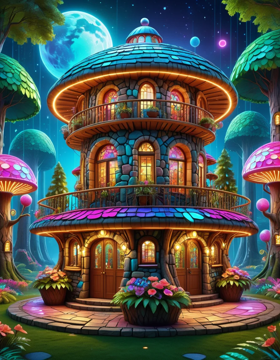 Disco-themed, high quality, masterpiece, forest scene, cute 3 storey stone round house, lots of windows, chimneys, flowers at the front, night time <lora:extremely_detailed:0.4> extremely detailed <lora:BorkStyle:0.8> Jed-brk <lora:CS3:0.8> Cyberspace, Digital Cyberspace theme, ((created by glowing magical energy in cyberspace)) , Vibrant, groovy, retro 70s style, shiny disco balls, neon lights, dance floor, highly detailed