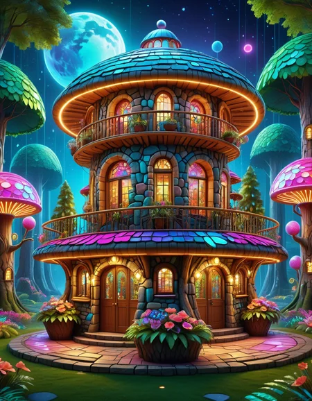 Disco-themed, high quality, masterpiece, forest scene, cute 3 storey stone round house, lots of windows, chimneys, flowers at the front, night time <lora:extremely_detailed:0.4> extremely detailed   <lora:BorkStyle:0.8> Jed-brk  <lora:CS3:0.8> Cyberspace, Digital Cyberspace theme, ((created by glowing magical energy in cyberspace)) , Vibrant, groovy, retro 70s style, shiny disco balls, neon lights, dance floor, highly detailed