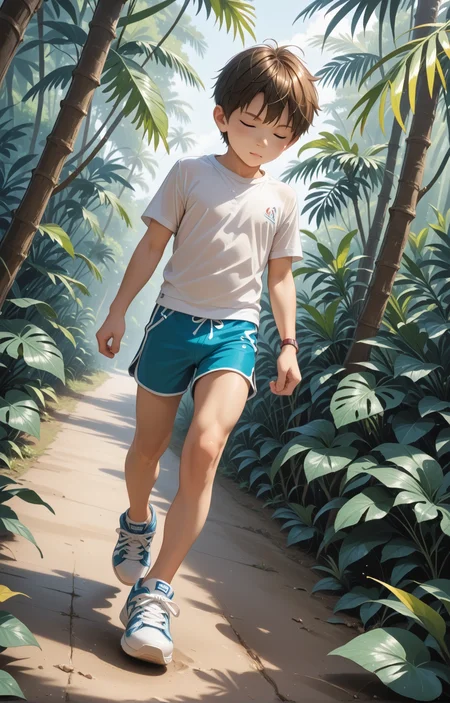 score_9,rating_safe, <lora:m1km0d-pxl_v1:0.85>  
BREAK
1boy,male focus,m1km0d,jogging through jungle,wearing t-shirt and sneakers and dolphin shorts,dutch angle