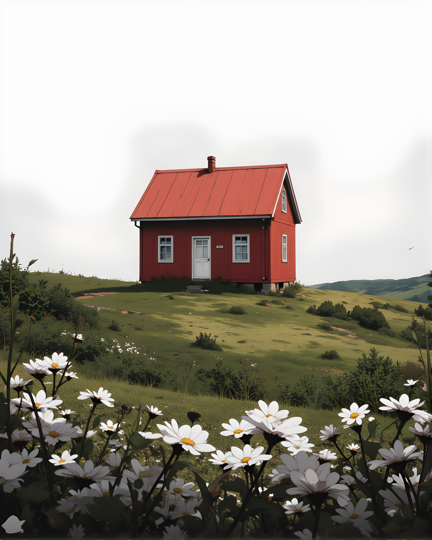 The image depicts a serene and picturesque rural scene featuring a small, vibrant red house situated on a grassy hill. The house has a steep, reddish-brown roof and white-framed windows, giving it a quaint and charming appearance. The surrounding landscape is lush with green grass, creating a soft, rolling backdrop that enhances the peaceful atmosphere. In the foreground, delicate white flowers add a touch of natural beauty, framing the scene beautifully. The overall setting exudes simplicity and tranquility, capturing the essence of a quiet countryside environment.
j_art, anime, anime art, <lora:FLUX\jul\J_Anime:0.7>, <lora:FLUX\RealAnime:0.7>