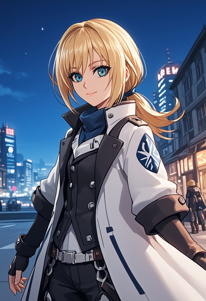 score_4,score_5,score_6,score_7_up,score_8_up,score_9 ((masterpiece,best quality,ultra detailed,highres,HD,4k:1.2)), 
Azure Striker Gunvolt(Main),
1 girl,solo,girl focus,solo focus,upper body,face focus,
<lora:krista-lenz-s1-ponyxl-lora-nochekaiser:1>, krista lenz, long hair, blue eyes, blonde hair, ponytail, low-tied ponytail, coat,long coat,navel,pants,black boots,knee boots,gloves,fingerless gloves,
night,city,science fiction,
smile,light smile,