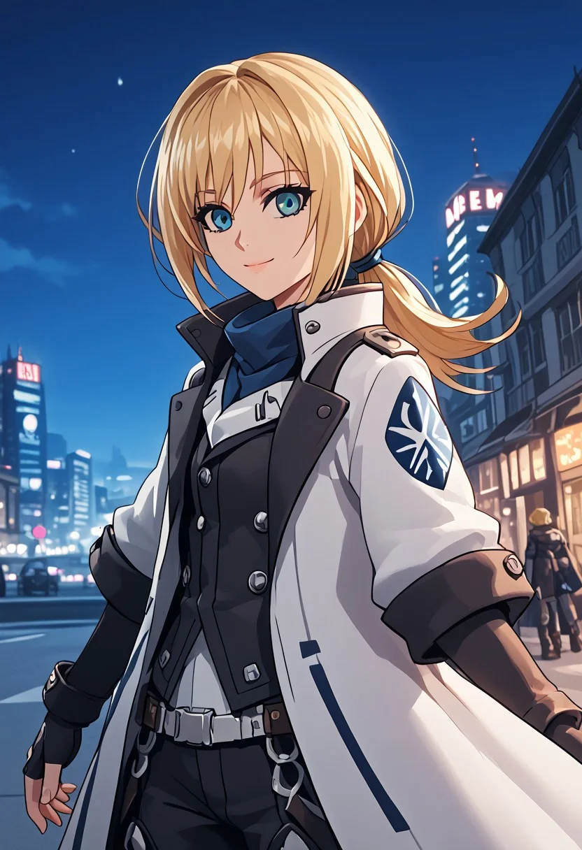 score_4,score_5,score_6,score_7_up,score_8_up,score_9 ((masterpiece,best quality,ultra detailed,highres,HD,4k:1.2)),
Azure Striker Gunvolt(Main),
1 girl,solo,girl focus,solo focus,upper body,face focus,
<lora:krista-lenz-s1-ponyxl-lora-nochekaiser:1>, krista lenz, long hair, blue eyes, blonde hair, ponytail, low-tied ponytail, coat,long coat,navel,pants,black boots,knee boots,gloves,fingerless gloves,
night,city,science fiction,
smile,light smile,