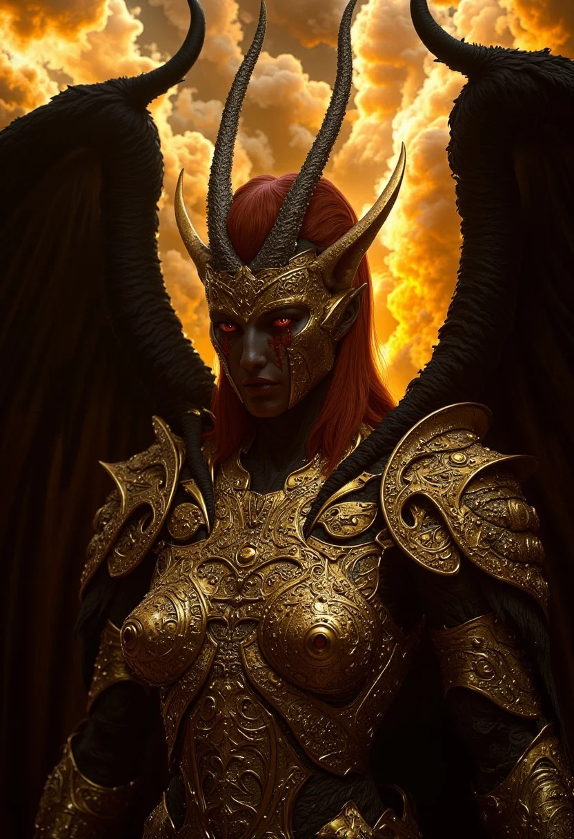 A fierce and otherworldly demonic female warrior stands bathed in the fiery glow of an apocalyptic sky. Her hair, a vivid shade of fiery red, is tied back tightly, emphasizing her sharp, angular features. Her golden armor is a masterpiece of craftsmanship, intricately carved with filigree and ancient demonic symbols, with tarnished greenish-black accents that hint at centuries of wear. Her face is marked with runic carvings, and crimson tears streak from her glowing, blood-red eyes, giving her an air of divine fury and sorrow.
Towering horns curve upward from her head, gleaming with a metallic sheen. Behind her, massive black feathered wings spread wide, their edges singed and glinting faintly in the fiery light. The background is a turbulent sky filled with smoke and fire, adding to the chaotic, apocalyptic atmosphere. Her expression is fierce and unyielding, embodying strength, menace, and tragic beauty. Art style: hyper-realistic, dark fantasy, and intricately detailed textures.