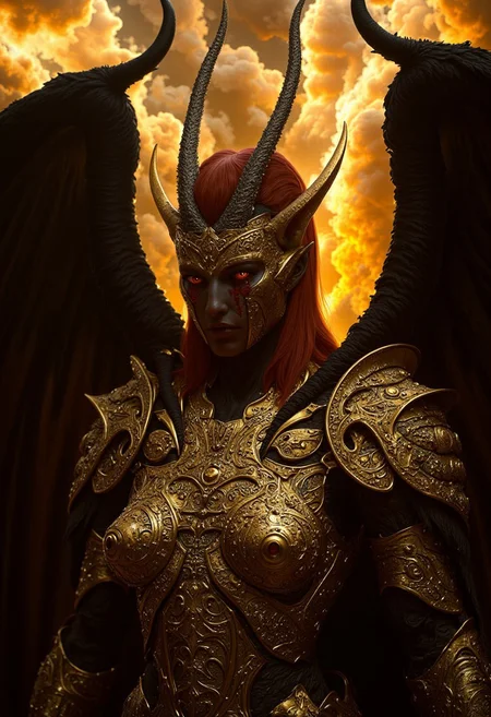 A fierce and otherworldly demonic female warrior stands bathed in the fiery glow of an apocalyptic sky. Her hair, a vivid shade of fiery red, is tied back tightly, emphasizing her sharp, angular features. Her golden armor is a masterpiece of craftsmanship, intricately carved with filigree and ancient demonic symbols, with tarnished greenish-black accents that hint at centuries of wear. Her face is marked with runic carvings, and crimson tears streak from her glowing, blood-red eyes, giving her an air of divine fury and sorrow.
Towering horns curve upward from her head, gleaming with a metallic sheen. Behind her, massive black feathered wings spread wide, their edges singed and glinting faintly in the fiery light. The background is a turbulent sky filled with smoke and fire, adding to the chaotic, apocalyptic atmosphere. Her expression is fierce and unyielding, embodying strength, menace, and tragic beauty. Art style: hyper-realistic, dark fantasy, and intricately detailed textures.