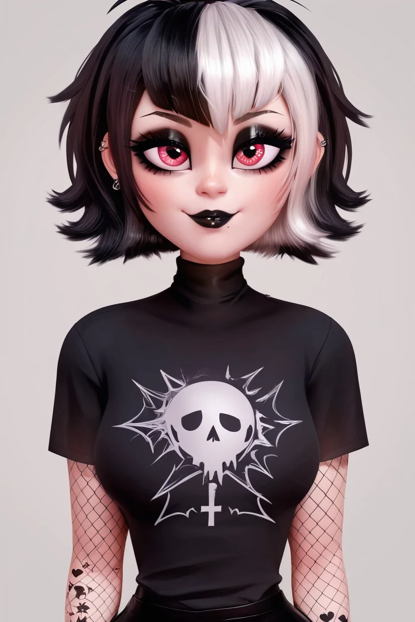 score_9, score_8_up, score_8, medium breasts, (curvy), cute, eyelashes, BREAK, , ,,, <lora:GothMavis_PDXL:0.8>, zzGothMavis, black hair, white hair, makeup, short hair, black lips, multicolored hair, two-tone hair, ear piercing, eyeshadow, gothic, shirt, lipstick, tattoo, turtleneck, cross ,,, , BREAK, smile, closed mouth, looking at viewer, cowboy shot, ,,, embedding:zPDXL, Expressiveh, ,,, <lora:Puppypaww_Style_PDXL_v2:0.8>, <lora:SDXLFaeTastic2400:0.5>, <lora:Expressive_H-000001:0.4>,