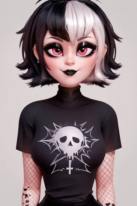 score_9, score_8_up, score_8, medium breasts, (curvy), cute, eyelashes, BREAK, , ,,, <lora:GothMavis_PDXL:0.8>, zzGothMavis, black hair, white hair, makeup, short hair, black lips, multicolored hair, two-tone hair, ear piercing, eyeshadow, gothic, shirt, lipstick, tattoo, turtleneck, cross ,,, , BREAK, smile, closed mouth, looking at viewer, cowboy shot, ,,, embedding:zPDXL, Expressiveh, ,,, <lora:Puppypaww_Style_PDXL_v2:0.8>, <lora:SDXLFaeTastic2400:0.5>, <lora:Expressive_H-000001:0.4>,