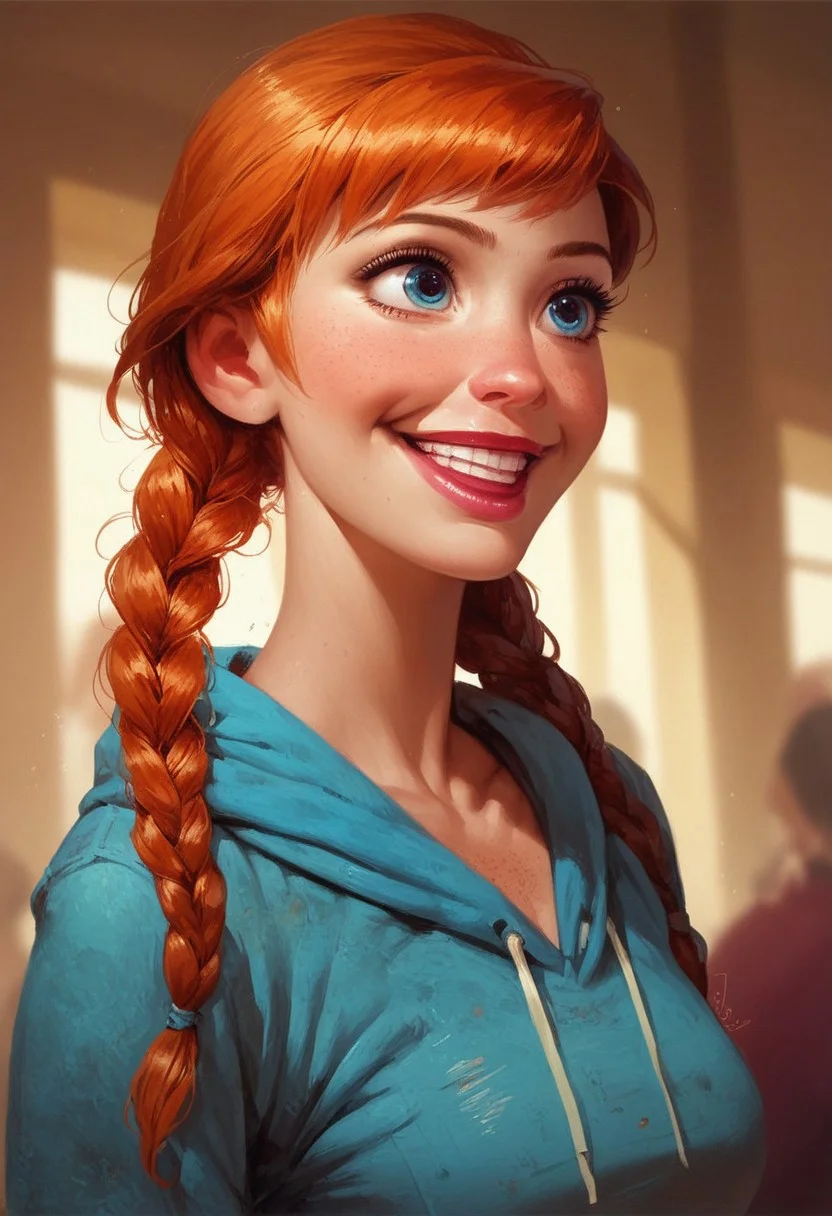 score_9,score_8_up,score_7_up,score_6_up, 1girl, Anna frozen, ginger, chest out, twin braids, portrait, candid, talking to someone out of frame, detailed, tight hoodie, jeans, multi-colored hair, at a comic book convention, laughing, waiting in line, indoors