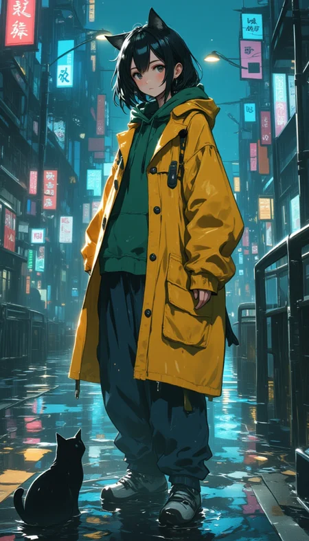 jongikeobemaegju_Ghibli_style_girl_in_raincoat_cat_wet_in_the_r