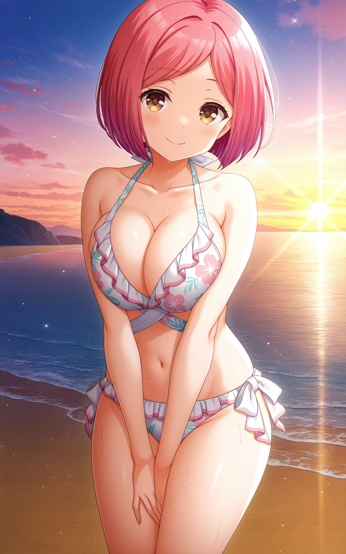 masterpiece, best quality, good quality, newest,4k, perfect lighting, cinematic, very aesthetic, official art, anime screencap, anime coloring,beach,sunlight,dusk,
1girl,solo,tachibana kyoko,pink hair,short hair,brown eyes,
bikini,large breasts,cleavage,midriff,thighs,
standing,arms between legs,breasts squeezed together,smile,BREAK
<lora:ILtachibana_kyoko:1>