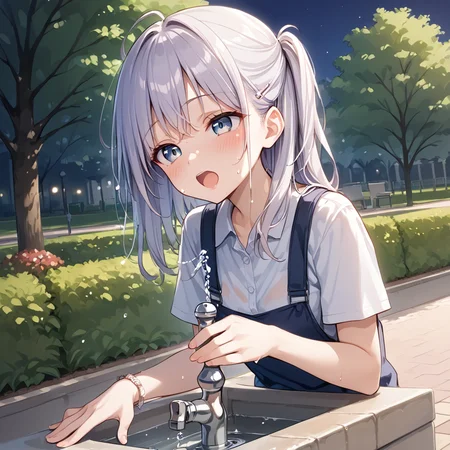 score 9,score_8_up,score_7_up,park,1girl,woman 
 <lora:drinking_fountain:0.8> drinking_fountain ,drink_water,  open mouth, faucet,
BREAK outdoors, park, night time, sweaty,