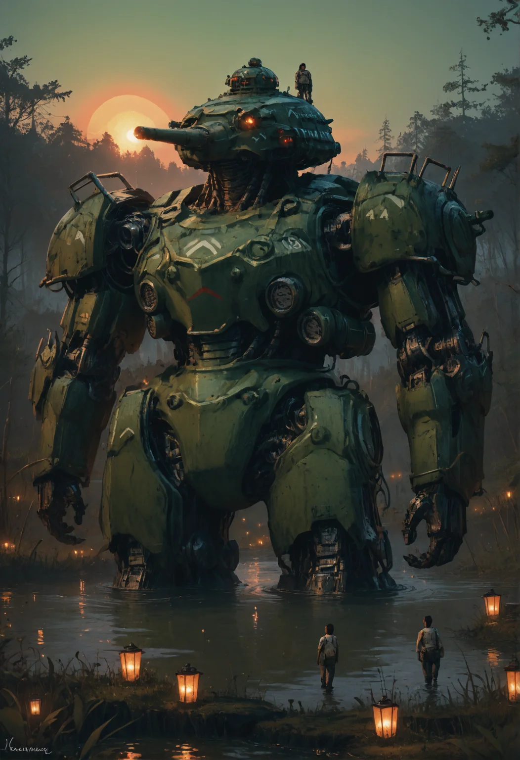 score_9, score_8_up, score_7_up,  <lora:MechaForge-000003:1> m3chaf0rge, giant, giant mech, mecha, bipedal mech, science fiction, sunset, tank, military mech, full body, legs, swamp, wetland, people,