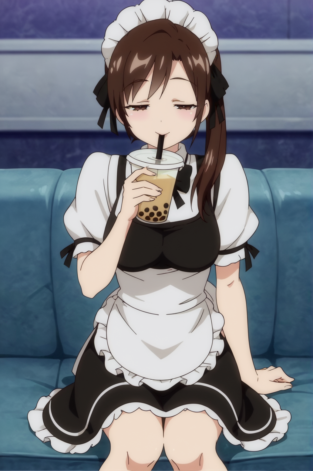 score_9, score_8_up, score_7_up,anime_source, source_anime, best background, detailed background, anime screencap,  Diana, apron, maid, solo, sitting, bubble tea, drinking, horny, naughty face,  <lora:JN_Diana:0.8>