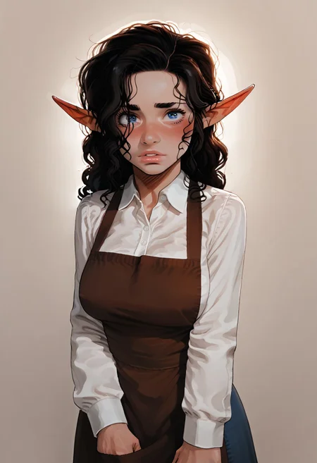 safe_pos, 4LFI3V1, source_anime, artist style: incase, colorful, score_9, score_8_up, score_8, 1girl, uru5h1h4r4, BREAK, shortstack, lips, long_hair, wavy hair, black hair, half_elf, halfling, shortstack, pointed_ears, blue_eyes, light_skin, petite, large_breasts, curly_hair, brown_apron, shy_expression, urushihara_satoshi