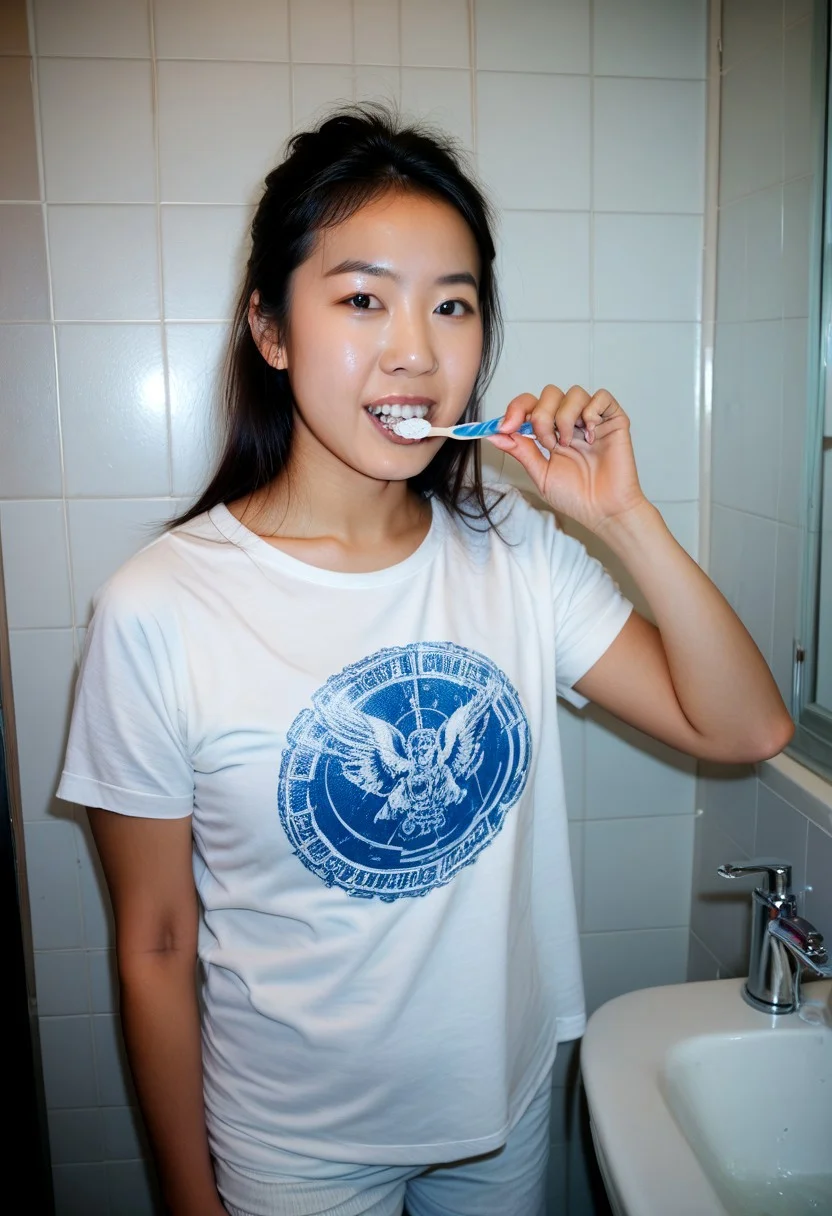 score_9, score_8_up, score_7_up, detailed, masterpiece, photorealistic, asian, hetero, 1girl, highres, bru5ht33th, toothbrush, realistic, brushing teeth, standing in a bathroom, wearing a white t-shirt