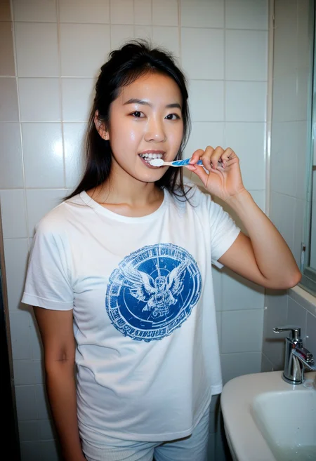 score_9, score_8_up, score_7_up, detailed, masterpiece, photorealistic, asian, hetero, 1girl, highres, bru5ht33th, toothbrush, realistic, brushing teeth, standing in a bathroom, wearing a white t-shirt