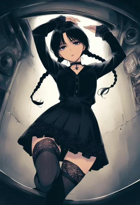 high_quality, highres, beautiful, detailed, (masterpiece, best quality:1.2), absurdres, 8k, HDR, Wednesday addams,
1girl, woman, gentle_smile, choker, two braids, curtain_bangs, pure, grunge, ruffled_skirt,
panty_peek, thigh_gap, knee_up_hugging_leg_pose, wall_squat, classic_french_lace_thighhighs_with_embroidered_roses, fisheye, looking_down_at_camera,