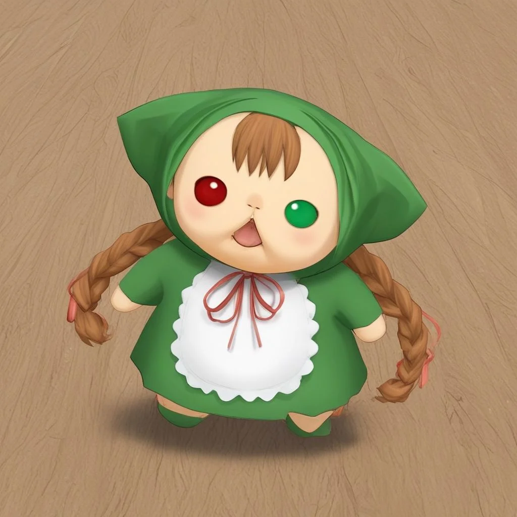 score_9,zissou,puffer face hand chibi,heterochromia,red right eye,green left eye,brown hair,twin braids,green dress,red ribbon,white apron,