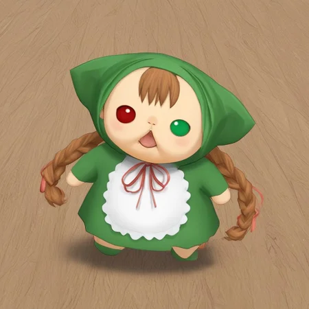 score_9,zissou,puffer face hand chibi,heterochromia,red right eye,green left eye,brown hair,twin braids,green dress,red ribbon,white apron,