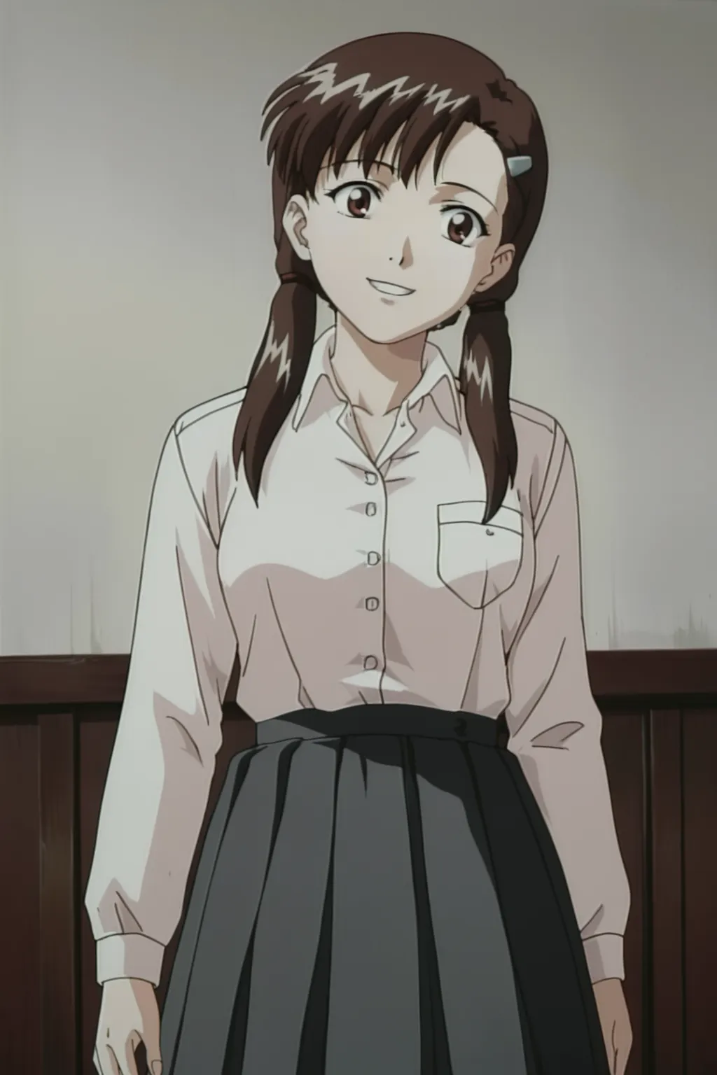 score_9, best, masterpiece, uncensored,
indoors,
1girl, solo, smile, 1990s (style), retro artstyle,
DWKojiJunsSister, collared and buttoned shirt with left breast pocket, pleated skirt, hairclip on left side,
<lora:DWKojiJunsSister_V4:0.8>​​​