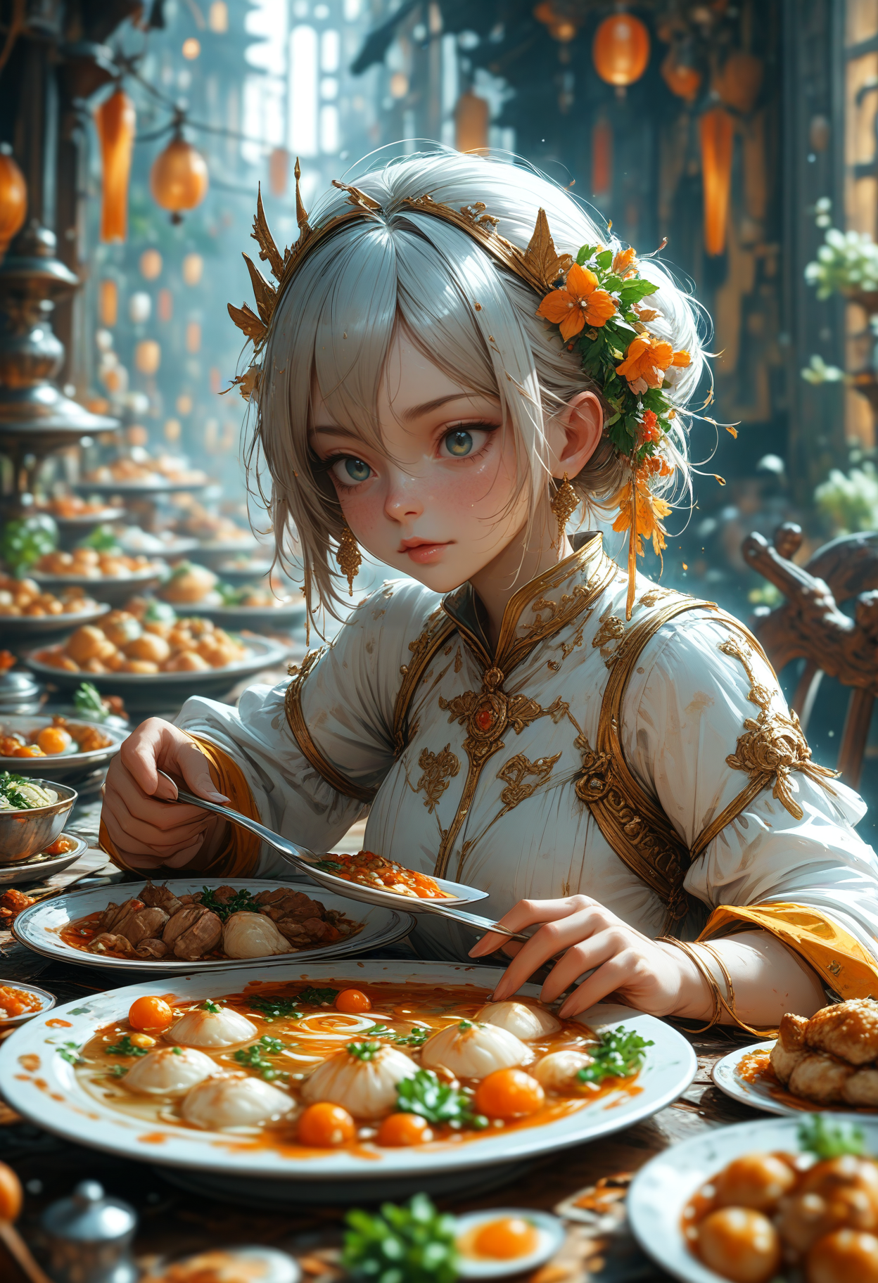 Nine savory dishes, one soup, ten whole dishes, ten beautiful dishes. Such a lavish banquet, not to mention in this small Dong Huong district, even if it was set up in more prosperous towns, it wouldn't be embarrassing. The young girl finished serving the food, looked at the delicacies all over the table, and a tear suddenly fell from the corner of her eye. perfect anatomy, approaching perfection, dynamic, highly detailed, smooth, sharp focus, art by Carne Griffiths and Wadim Kashin, trending on artstation, sharp focus, intricate details, highly detailed, by greg rutkowski, mysterious, epic, cinematic, digital art, 4k,, <lora:add-detail-xl:1>  <lora:MJ52:0.6>, (masterpiece:1.2), (best quality:1.2), (very aesthetic:1.2), (absurdres:1.2), (detailed background),newest,ai-generated,