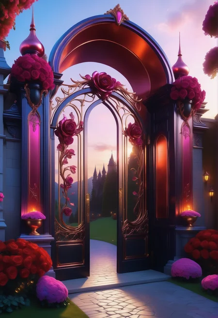sunrise shines,landscape of a reij-ebsu gate <lora:ebony sunset-000001:1>, empty place, the gate surrounded by flowers is made of pam-flwr <lora:SDXL_FLOWER_STYLE:0.9>, a reij-mg outdoor room, neon light <lora:reij-moderngothic:0.8>, open gate made out of Jed-ANC <lora:ArtNouveauCopperStyle:0.9>, (Amaranth theme:0.7) , landscape of a (Specter's Sanctuary:1.3) from inside of a Fairy tale castle, it is Mythical, Selective focus, cyberpunk, ambient atmosphere, luxury, full color, dynamic dramatic atmosphere, highly color focused