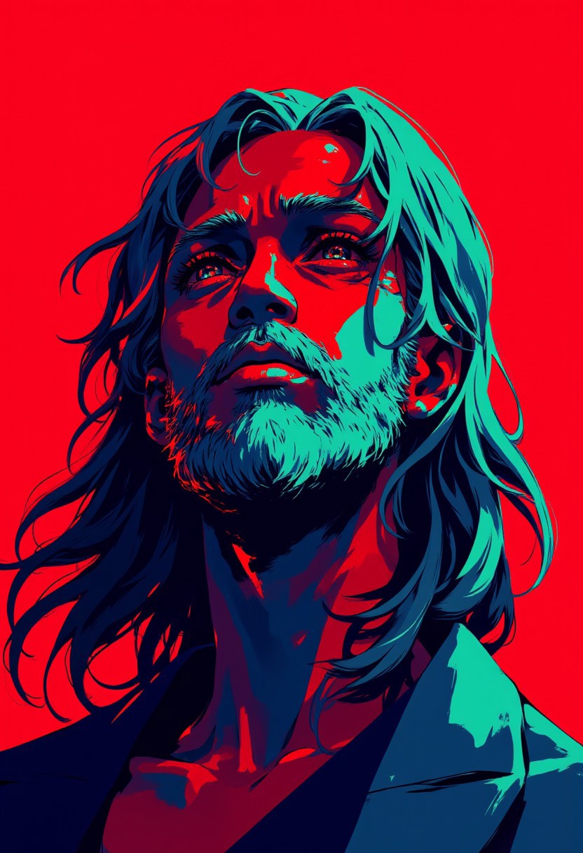 high contrast neon anime style in deep reds and teal color, buff Jesus