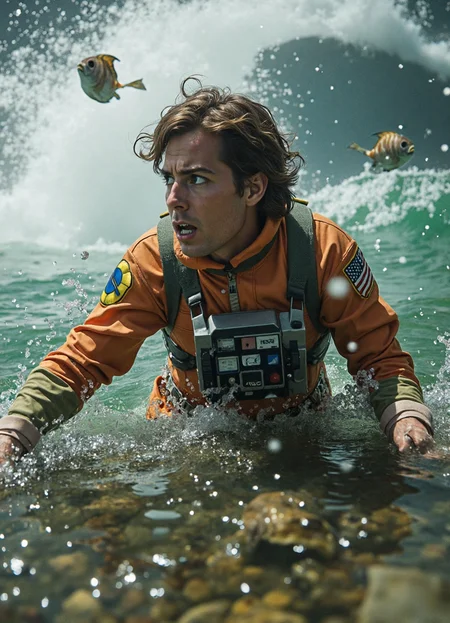 {"T5": ",A highly detailed, hyperrealistic photograph of a Rebel starfighter pilot, dressed in a modest, ankle-length flight suit, caught in the blast radius of a meteor impact in a deep ocean, with a look of shock and confusion on their face, as they struggle to communicate with a group of nearby ocean creatures, set against a backdrop of murky, turquoise water and debris-filled ocean floor, with the pilot's hair disheveled and their eyes wide with fear, viewed from a low angle, looking up at the pilot, with the meteor impact's blast wave visible in the background, and a school of fish swimming away in the distance, with intricate textures and details on the pilot's suit, the ocean creatures, and the surrounding environment,", "CLIP-L": ",Rebel starfighter pilot, meteor impact, deep ocean, language barrier, hyperrealistic, highly detailed, modest flight suit, shocked facial expression, ocean creatures, turquoise water, debris-filled ocean floor, disheveled hair, wide eyes, low angle view, blast wave, school of fish, intricate textures, (human:fish:.5),"}
<lora:Rebel_Starfighter_Pilot_-_Star_Wars_Flux:0.85>
