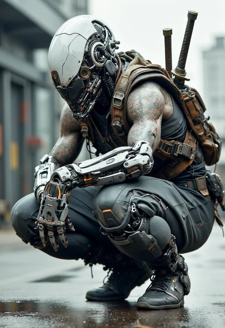 Recypu style, Cyberpunk highly detailed, high-resolution photograph.
A futuristic, armored warrior crouching on a gritty, urban pavement. The subject's head is covered by a sleek, metallic helmet with a visor that obscures the face, giving an ominous, robotic appearance. The helmet is adorned with various sensors and lights, suggesting advanced technology. The warrior's body is clad in a full suit of advanced, high-tech armor, primarily made of a mix of metal and synthetic materials. The armor is heavily detailed with intricate circuits, joints, and mechanical components, indicating advanced robotics and cybernetics.
The suit is predominantly gray with hints of black and silver, and it is adorned with various pouches, straps, and utility belts, suggesting a high level of tactical gear. The warrior's left hand is extended forward, showcasing a complex, mechanical prosthetic with multiple fingers and advanced articulation. The right hand rests on the knee, also with a prosthetic that appears more organic, possibly biological. A katana sword with a brown handle is sheathed on the warrior's back, adding to the military aesthetic.
The background shows an industrial, urban environment with blurred, metallic structures and a gray sky, emphasizing the gritty, post-apocalyptic setting. The overall mood is intense and futuristic.