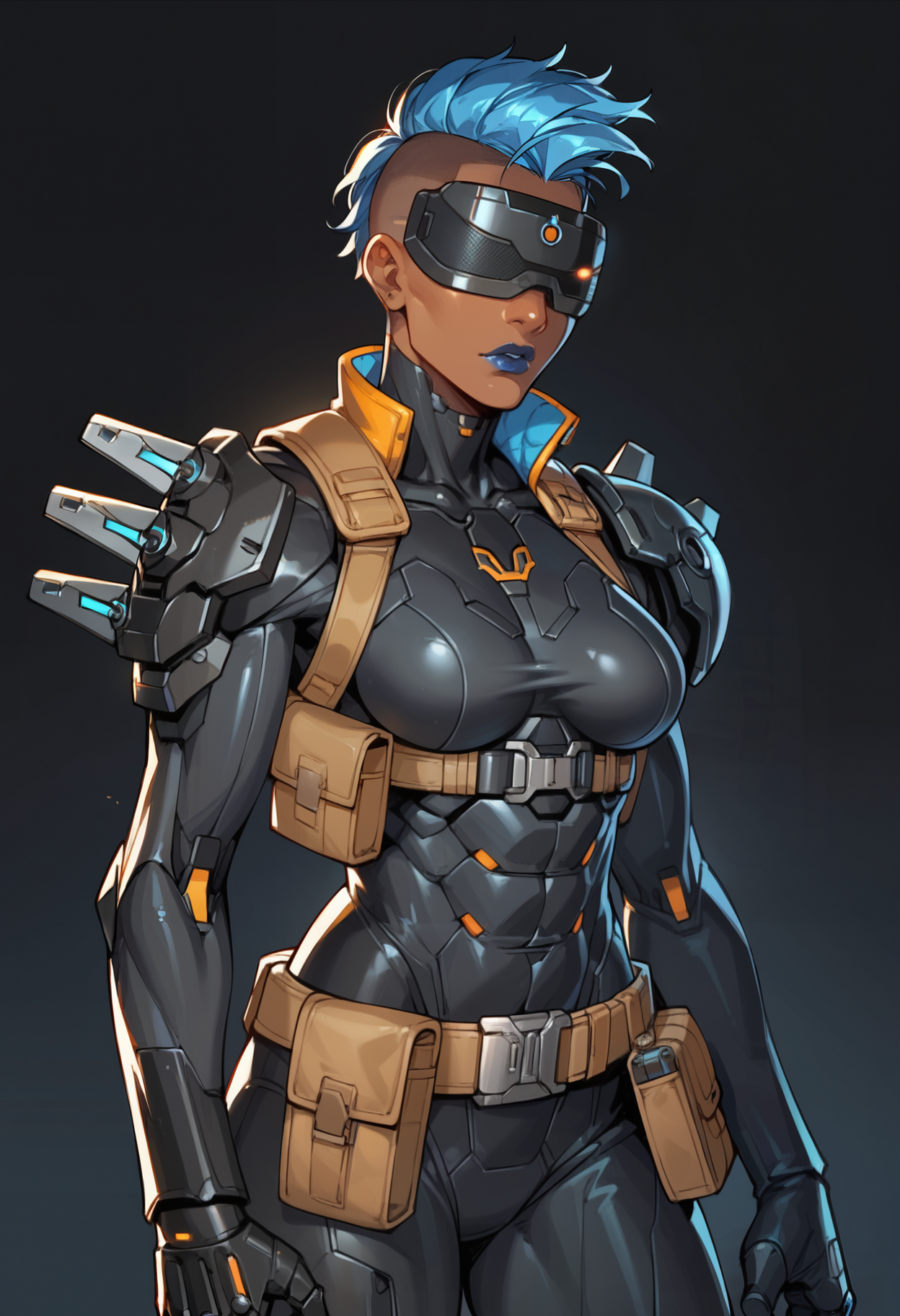 score_9,score_8_up,score_7_up,score_6_up,dark background,outt3ch,black bodysuit,science fiction,blue hair,mohawk,belt pouch,armor,dark-skinned female,no eyes,hidden eyes,shoulder spikes,visor,blue lips,black gloves,cyborg,mechanical legs,medium breasts,boots,       <lora:MyTrainings\Temp\Mad_Maggie_Outlawed_Tech_XL_Pony_ARZUMATA-000009.safetensors:0.5>