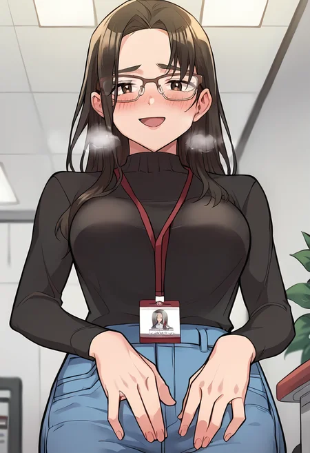 score_9, score_8_up, score_7_up, masterpiece, source_anime, 1girl, ct_yeon, long hair, semi-rimless eyewear, black turtleneck sweater, lanyard, id card, jeans, looking at viewer, depth of field, indoors, office, happy, blush, breath, facing viewer,  from below,<lora:SoYeonGoo_Pony_ct:0.9>