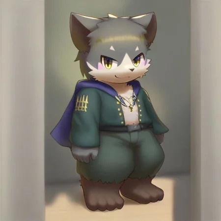 lv1rubili, zPDXL2, furry, anthro, cute, kemono, male focus, solo, score_9, score_8_up, male, full body, digital art, highly detailed, lv1rubili, full body, smile face, looking at viewer, standing to viewer, full view, cat