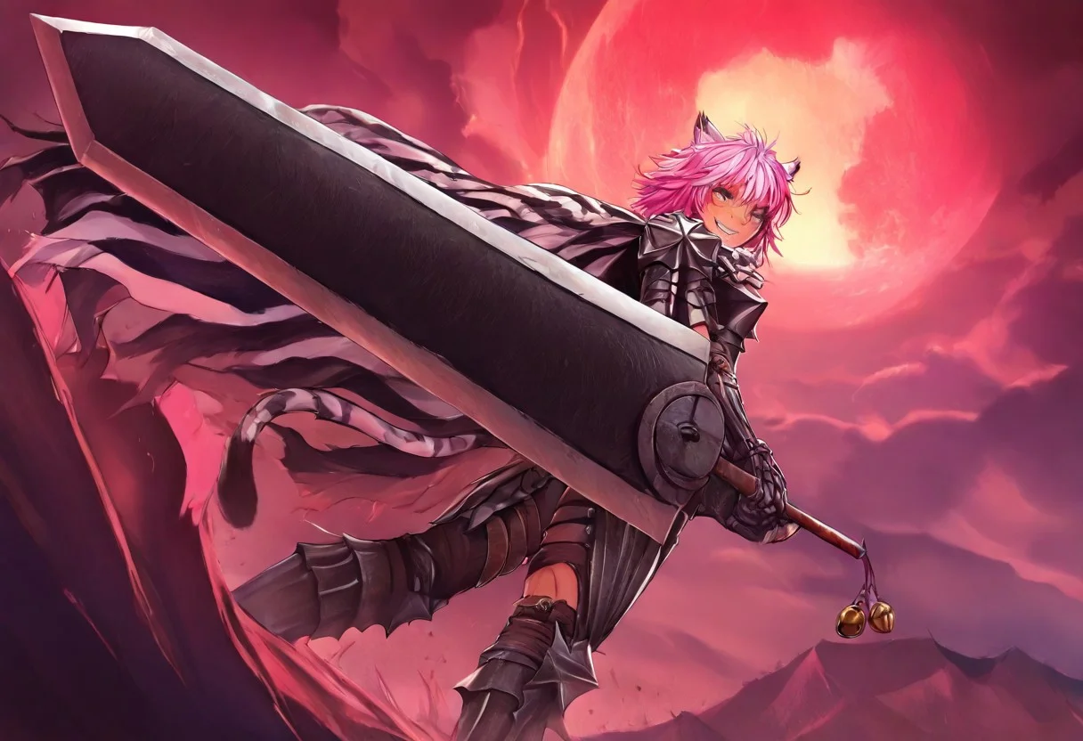 masterpiece, very aesthetic, anime screenshot, 1girl, Pink_PonyXL, DragonSlayerSword-Il.V1.0, white tiger striped armor, white tiger striped shoulder armor, gauntlets, greaves, bandaged arm, white tiger striped cape, torn cape, bright pink hair, cat ears, scar on nose, cat bell around neck, tanned, white tiger tail, small breasts, femine body, smiling, making a cute cat face, single fanged tooth showing, standing, looking at viewer, side view, wielding-dragonslayer, huge weapon, sword, holding sword, holding weapon, zoomed in on pink_ponyxl's face, Dutch angle, upper body
Break
Hyilian lake, bright and sunny,