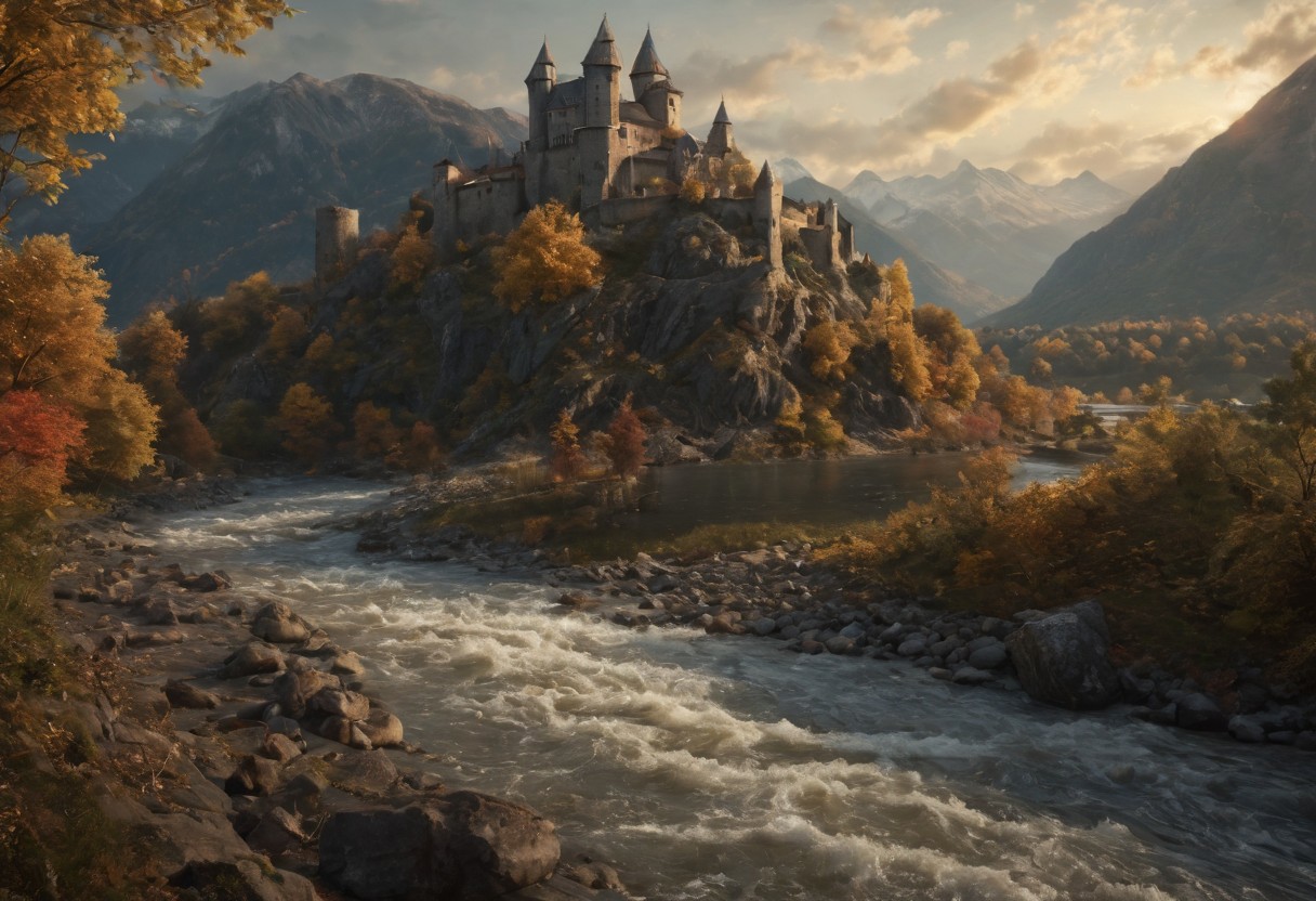 evening scene, closeup of a beautiful medieval fortress, winding path leads to entrance, fast-flowing river, sun setting over tall mountains in the distance, cinematic illustration, low angle, foaming river rapids, dramatic lighting, god rays, autumn forest, vibrant, masterpiece, full view, realistic photo, breath taking, sharp lens, wallpaper, highly detailed, 8k, photo realistic