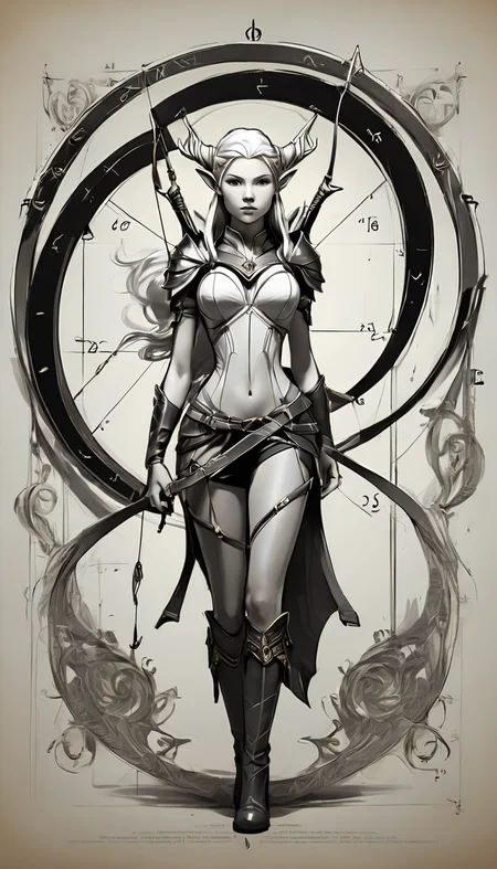 sketch_sheet, a drawing of Elve Archer, ((black and white:1.5)), (paper background:1.5) golden ratio, detailed, sharp focus, intricate, still, dynamic, full color, attractive, cinematic, highly saturated colors, surreal, open intriguing, very inspirational, glowing, magical, thought fascinating, creative, positive, unique <lora:sketches-sdxl:1>