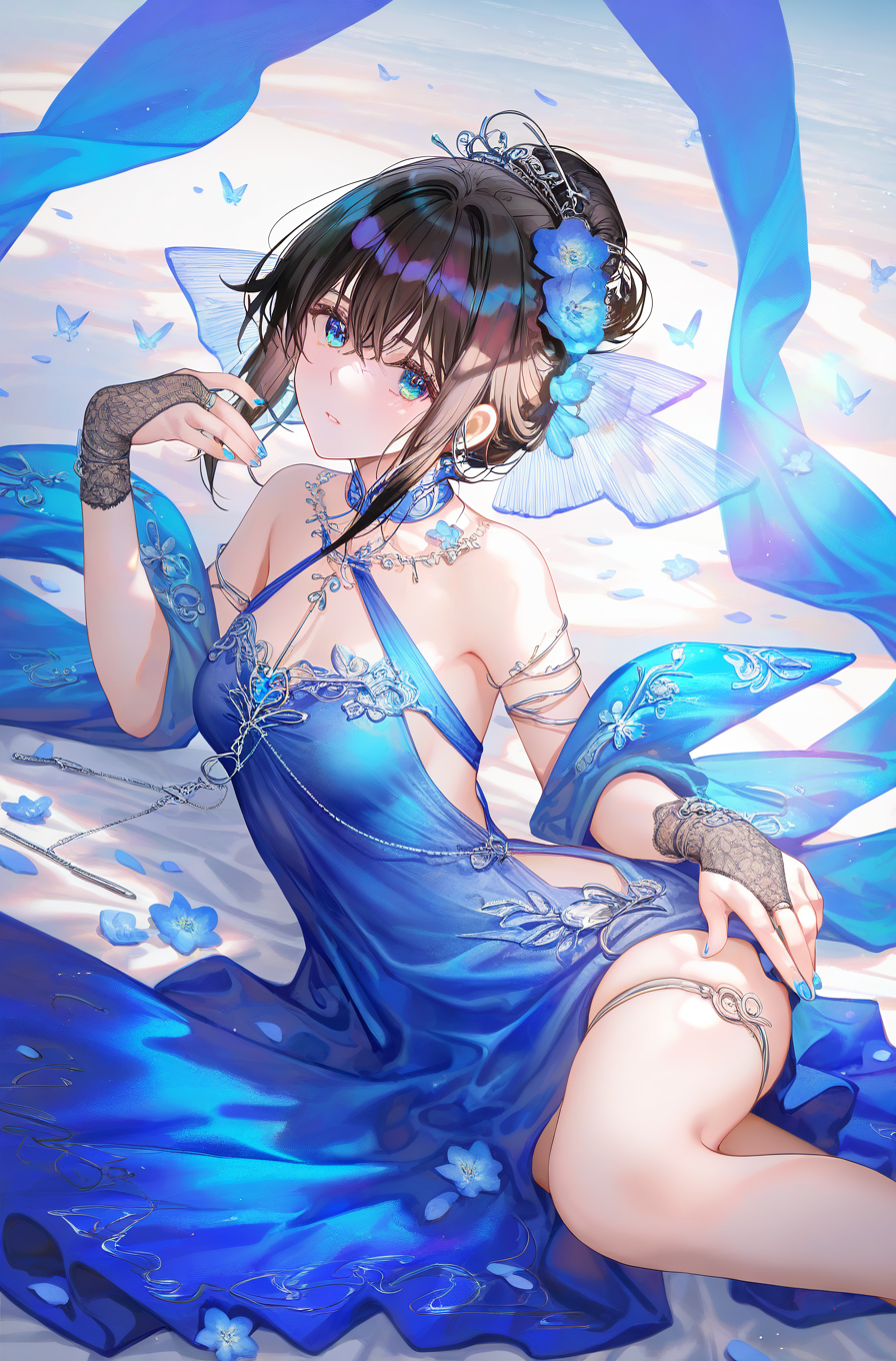 looking at viewer,solo,1girl,dingshangwan,simple background,white background,blue dress,<lora:dingshangwan-000010:1.1>,black hair,, masterpiece, best quality, very aesthetic, absurdres,newest, incredibly absurdres,, 8k,best quality,masterpiece,(ultra-detailed),(high detailed skin),((artist:reoen),(artist:fuzichoco),(artist:atdan),(artist:torino_aqua),year 2024:0.8),[artist:wlop],[artist:ningen_mame],artist:ciloranko,[[artist:rhasta]],artist:tidsean,colorful,