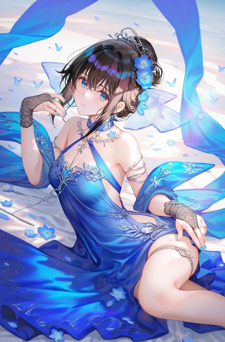 looking at viewer,solo,1girl,dingshangwan,simple background,white background,blue dress,<lora:dingshangwan-000010:1.1>,black hair,, masterpiece, best quality, very aesthetic, absurdres,newest, incredibly absurdres,, 8k,best quality,masterpiece,(ultra-detailed),(high detailed skin),((artist:reoen),(artist:fuzichoco),(artist:atdan),(artist:torino_aqua),year 2024:0.8),[artist:wlop],[artist:ningen_mame],artist:ciloranko,[[artist:rhasta]],artist:tidsean,colorful,