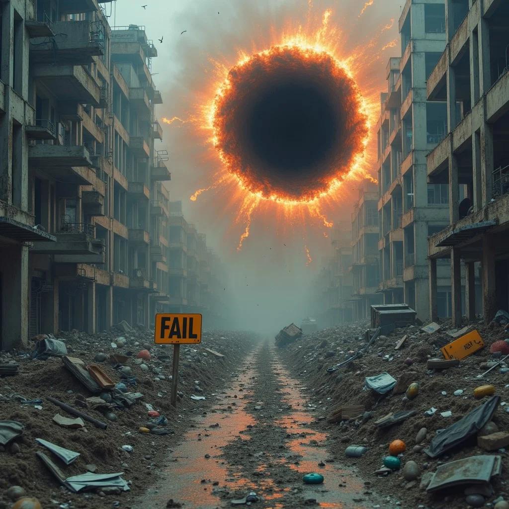 A small black hole has appeared in the middle of messy construction site, the singularity is warping reality around it, warping and pulling everything into the black hole, a sign that reads, "FAIL" is being pulled into a singular point with more mass than a blue hypergiant star, its a zone of utter chaos and catastrophe as everything is sucked into oblivion