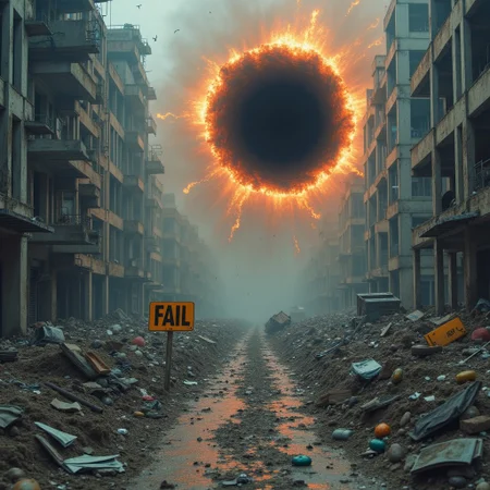 A small black hole has appeared in the middle of messy construction site, the singularity is warping reality around it, warping and pulling everything into the black hole, a sign that reads, "FAIL" is being pulled into a singular point with more mass than a blue hypergiant star, its a zone of utter chaos and catastrophe as everything is sucked into oblivion