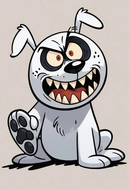 (score_9 | score_8_up | score_7_up) ((masterpiece:1))(best quality,very high quality,ultra detailed:1.2) (2D,cartoon style,anime style)(Smooth:2)(clean blurring) (four fingers on each hand,one thumb on each hand:1), solo, charles, dog, black spot on left eye, white fur, paw, dog paws, runaway brain, monstrous look, angry face, exagerated features, intense eyes, aggressie expression, hunched, menacing, sharp teeth, hunched over, full body