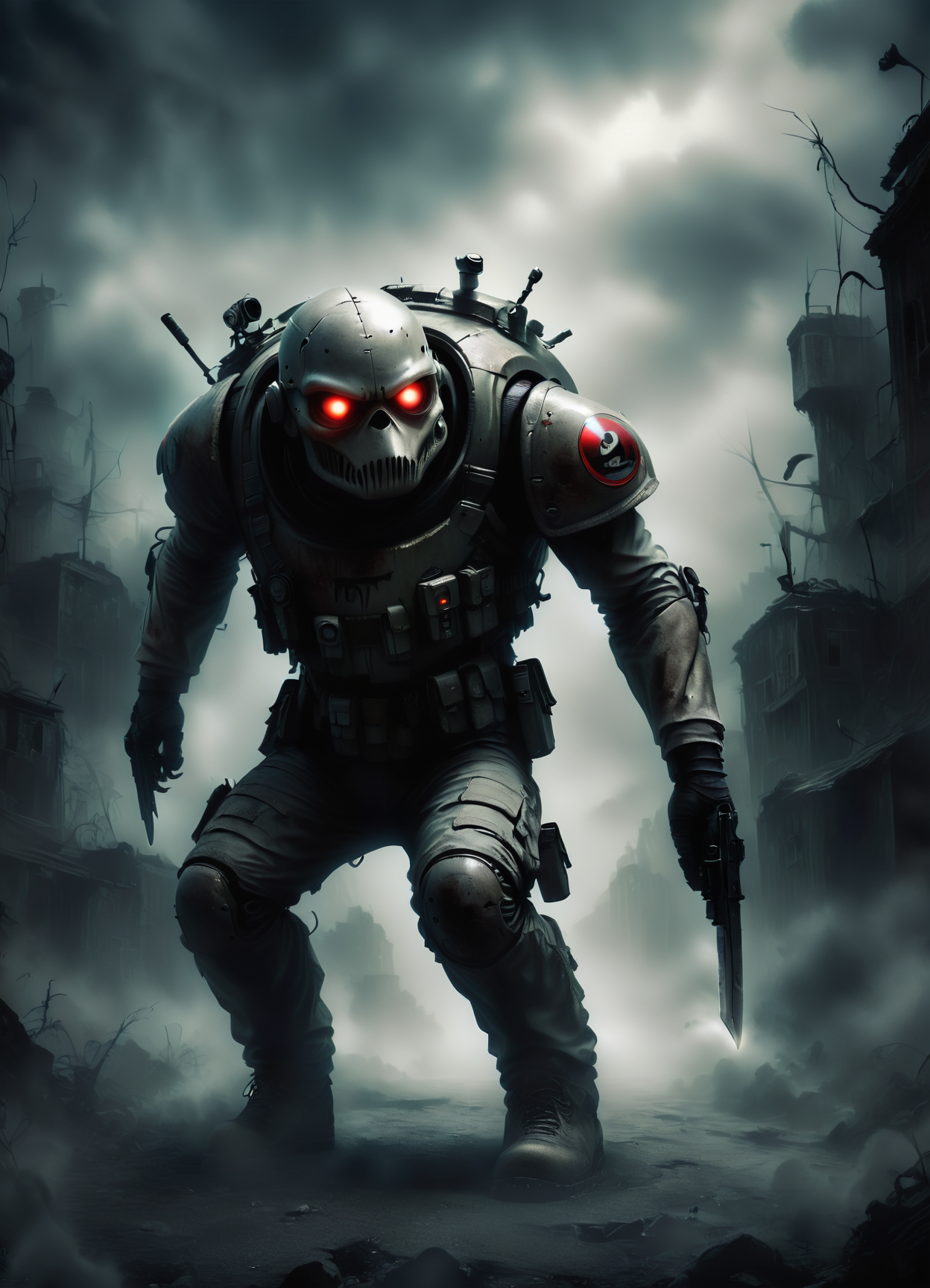 DonMGl00myN1gh7m4r3XL,score_9, score_8_up, score_7_up, score_6_up, male security droid, , combat knife, ,  creepy, gloomy, rating_safe <lora:DonMGl00myN1gh7m4r3XL:0.65>