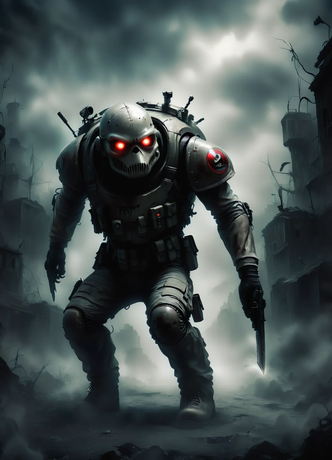 DonMGl00myN1gh7m4r3XL,score_9, score_8_up, score_7_up, score_6_up, male security droid, , combat knife, , creepy, gloomy, rating_safe <lora:DonMGl00myN1gh7m4r3XL:0.65>