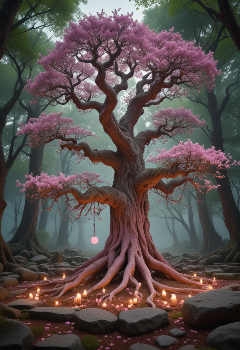 (medium full shot) of (ancient tree) with twisted pink bark, delicate blossoms, sturdy branches, aerial roots, blossoms, glowing orbs, located in  a hidden sacred glade, surrounded by dense forest, with a natural altar formed by stones and a sense of quiet and sanctity, at dawn, Masterpiece,best quality, photo, realistic, very aesthetic,