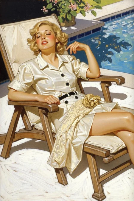 jcleyen1 painting.
A blonde woman relaxing on a lawn chair by the poolside <lora:jcleyen1_cap_d6a3e11:1.0><lora:824046268373420708:0>
