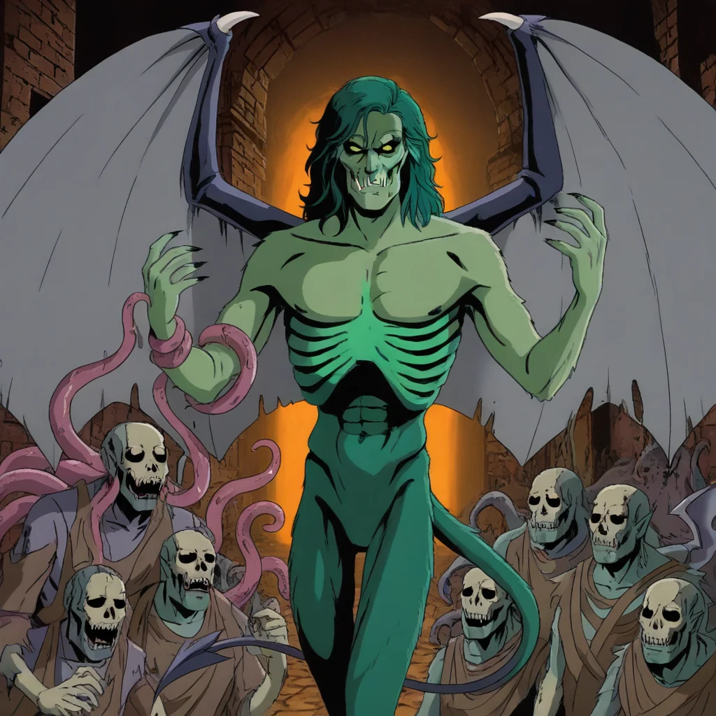 masterpiece, best quality, newest, absurdres, highres, X-1990STV1.0, 1boy, monster, monster boy, eldrich, eldrich horror, tentacles, green skin, green colored skin, tusks, fangs, sharp teeth, wings, demon wings, tail, demon, demon boy, unead, zombie, ribs, skull,