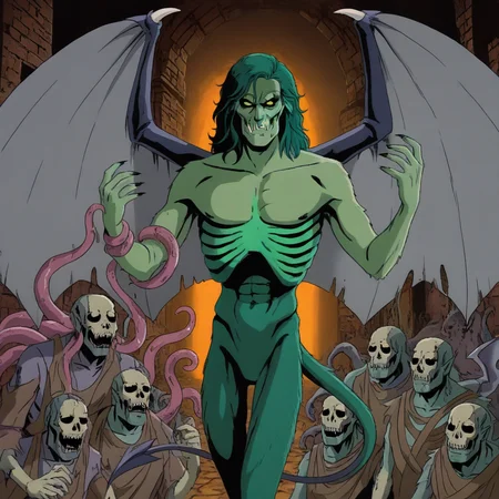 masterpiece, best quality, newest, absurdres, highres, X-1990STV1.0, 1boy, monster, monster boy, eldrich, eldrich horror, tentacles, green skin, green colored skin, tusks, fangs, sharp teeth, wings, demon wings, tail, demon, demon boy, unead, zombie, ribs, skull,