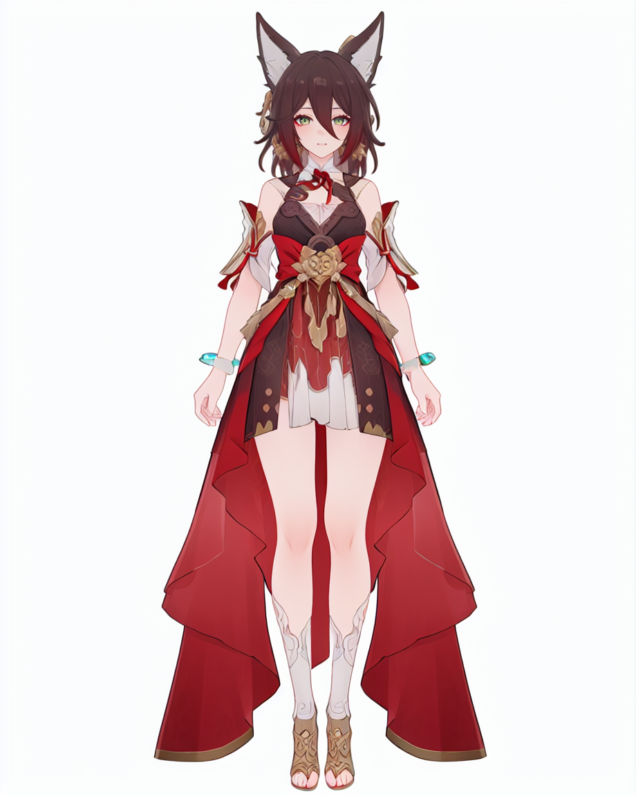 8k, best quality, masterpiece, (ultra-detailed), (high detailed skin), (by nanoless, by misumi \(macaroni\),:0.5), 
A full-body portrait of a young girl, standing gracefully, pastel art style, high-key lighting, shoujo manga influence, hd quality, delicate details, 
full body, full shot, standing, looking at viewer, (solo:1.2), simple background, white background, 
<lora:tingyun-sd-Tanger-000019:0.8>, tingyun, ( def, def clothes, def red dress,  tingyun \(honkai: star rail\):1.2), 1girl, animal ears, solo, green eyes, tail, jewelry,