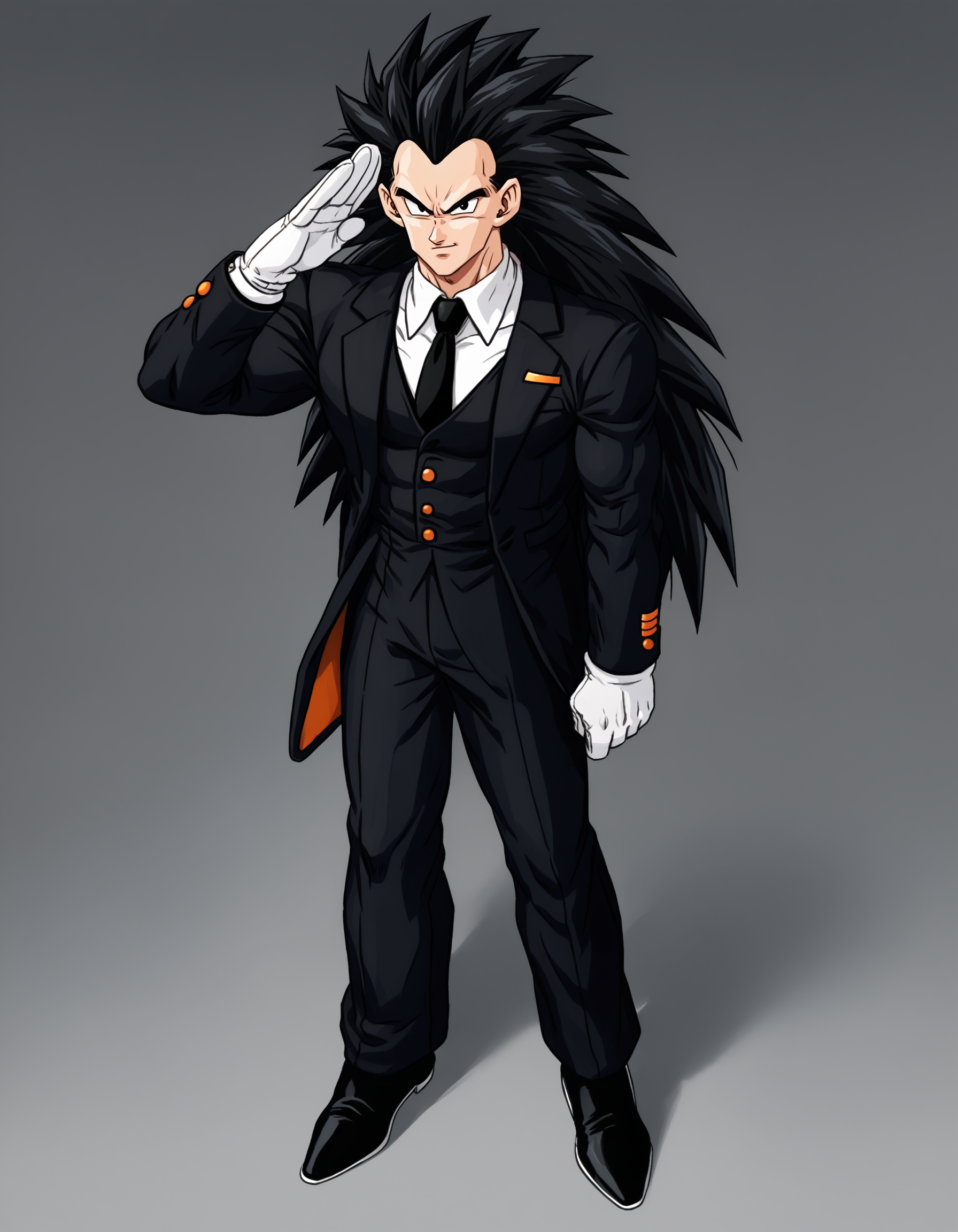 score_9, score_8_up, score_7_up, source_anime, spiked hair,
raditzxl,  1boy,solo,black hair,long hair, black eyes,looking at viewer, male focus,
suit, necktie, dress shoes, black clothes, salute, white gloves, standing, 
<lora:raditsxl5-000003:0.8>