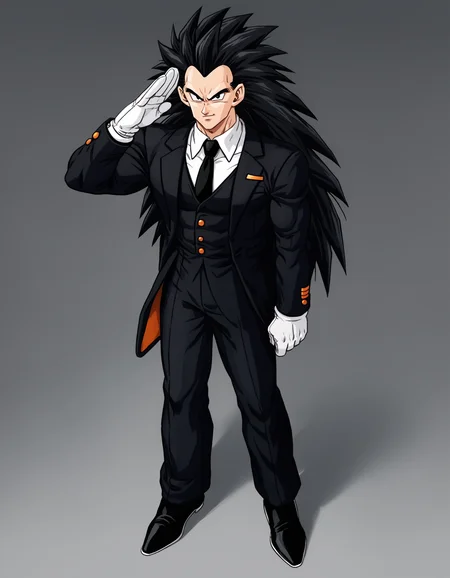 score_9, score_8_up, score_7_up, source_anime, spiked hair,
raditzxl, 1boy,solo,black hair,long hair, black eyes,looking at viewer, male focus,
suit, necktie, dress shoes, black clothes, salute, white gloves, standing,
<lora:raditsxl5-000003:0.8>