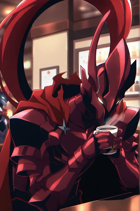 8K,masterpiece, best quality, amazing quality, very aesthetic, high contrast, focused subject, vivid color.
1 igr1s, helmet, red hair, one horn is broken, red cape, glowing eyes, red armor,
drinking coffee, cozy coffee shop, sad<lora:Igris_by_readandsign_v5-000009:1>
