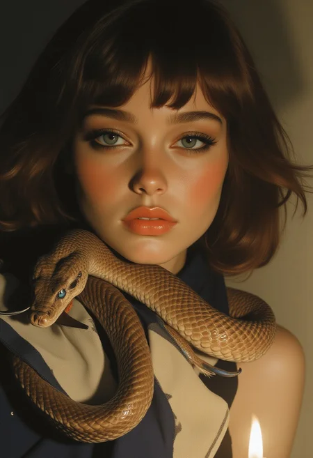 (vintagegirls, OBxiaoxiang, Nova-70s) Candlelight casts shifting shadows over the woman’s warm olive skin as a Saharan horned viper coils around her neck, its sand-hued scales rippling like liquid bronze. Its ridged body glides over the deep navy and ivory-striped scarf wrapped snugly beneath its weight. Dark auburn hair falls in soft waves, with delicate bangs framing her piercing amber eyes, which smolder beneath sharp, winged strokes of sapphire-blue makeup. Her full lips part slightly as the viper’s twin horns graze her cheek, its emerald-green eyes locking onto hers in a silent challenge. Shadows swallow the world beyond, leaving only the two of them entwined in quiet tension. The candlelight flickers again, illuminating the contrast between her smooth skin, the snake’s rough, sinuous form, and the textured fabric beneath—each element caught in a hypnotic moment of stillness.